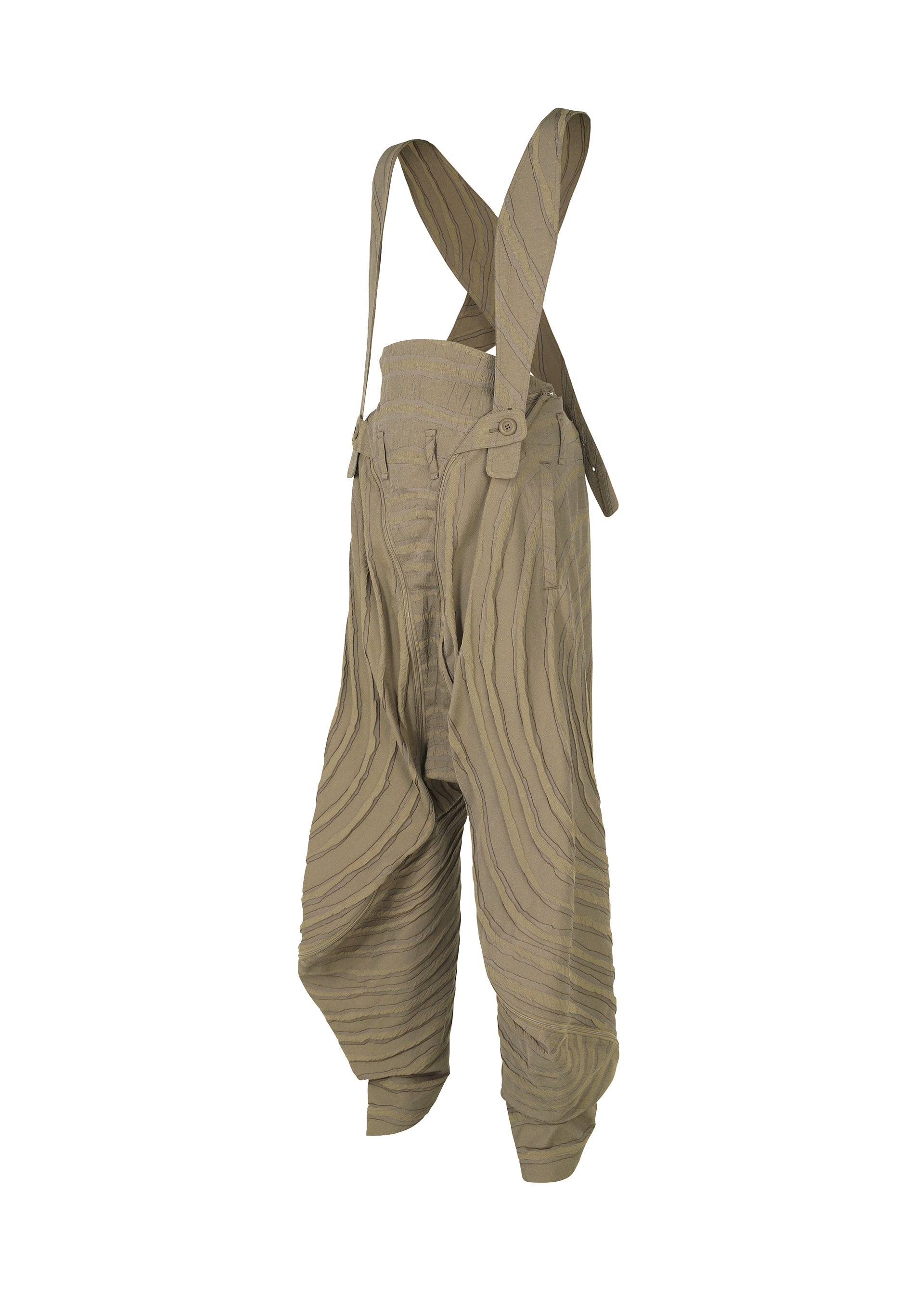 Zoomed view ENGRAVE by IM MEN: Baggy khaki jacquard loom pants with layered horizontal pleats and attached suspenders, shown on a white background.