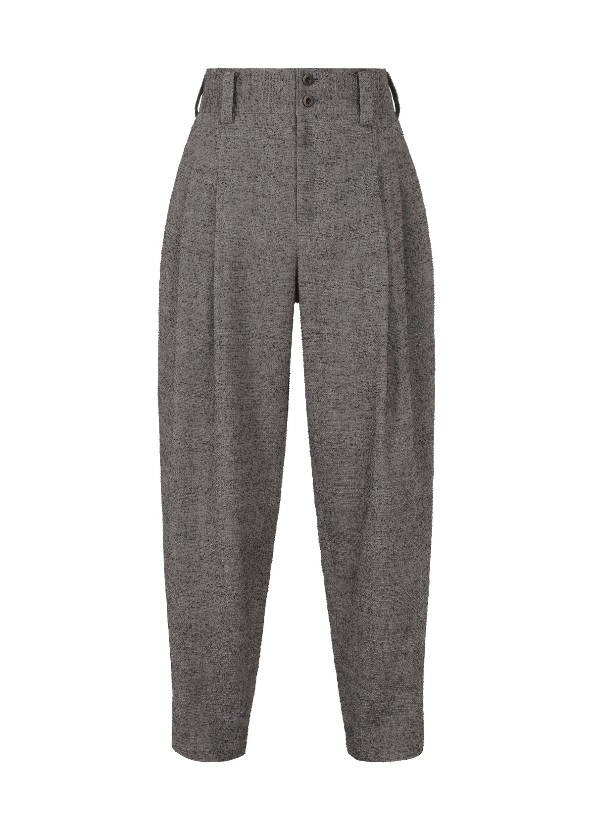 The IM MEN TEXTURES gray high-waisted, pleated wool trousers feature a tapered leg, two-button waistband, and textured woven fabric, shown on a white background. view 1 of 6