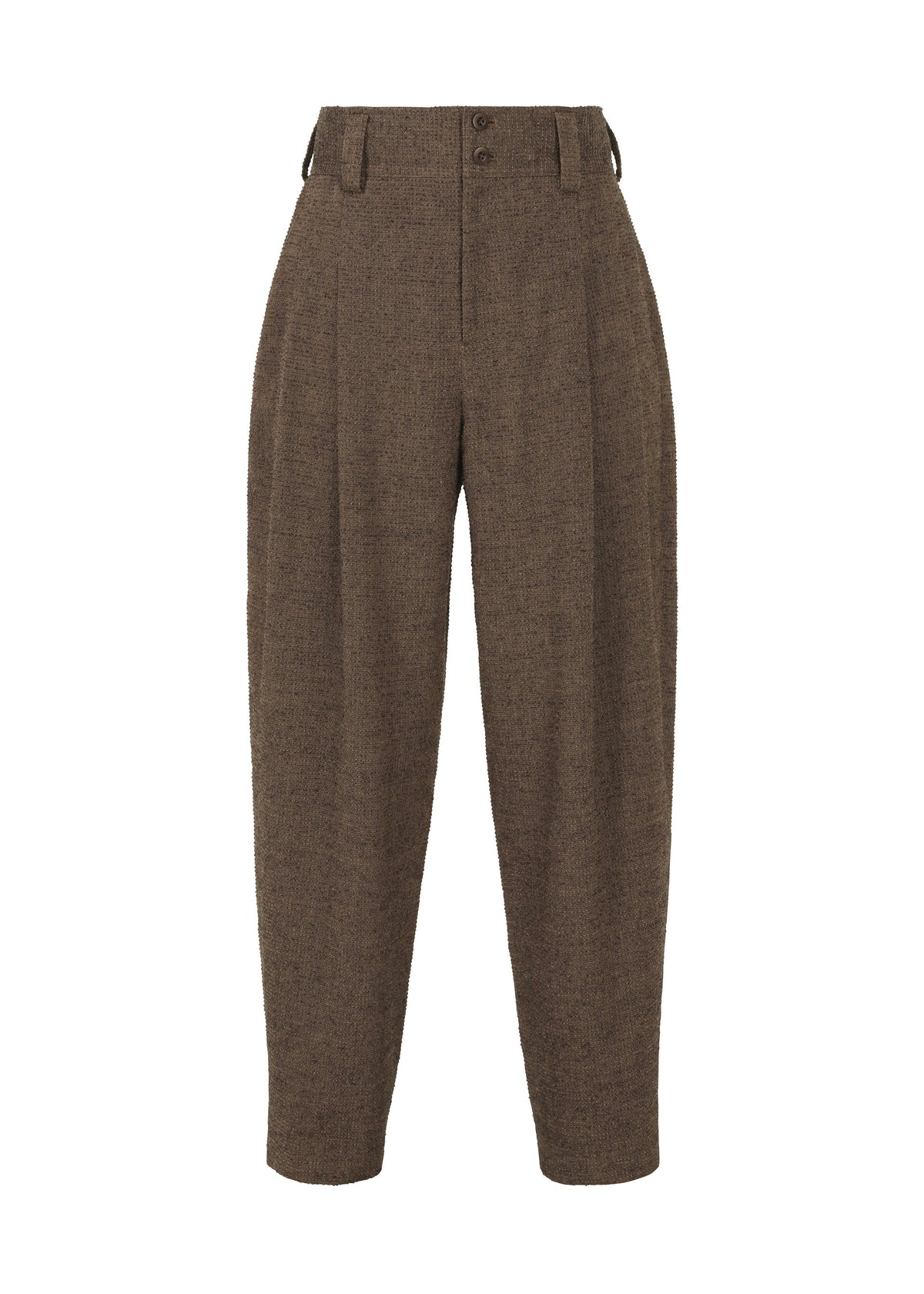 The IM MEN TEXTURES pants are high-waisted, brown, textured, woven with front pleats, belt loops, and tapered legs, displayed against a white background. view 2 of 6