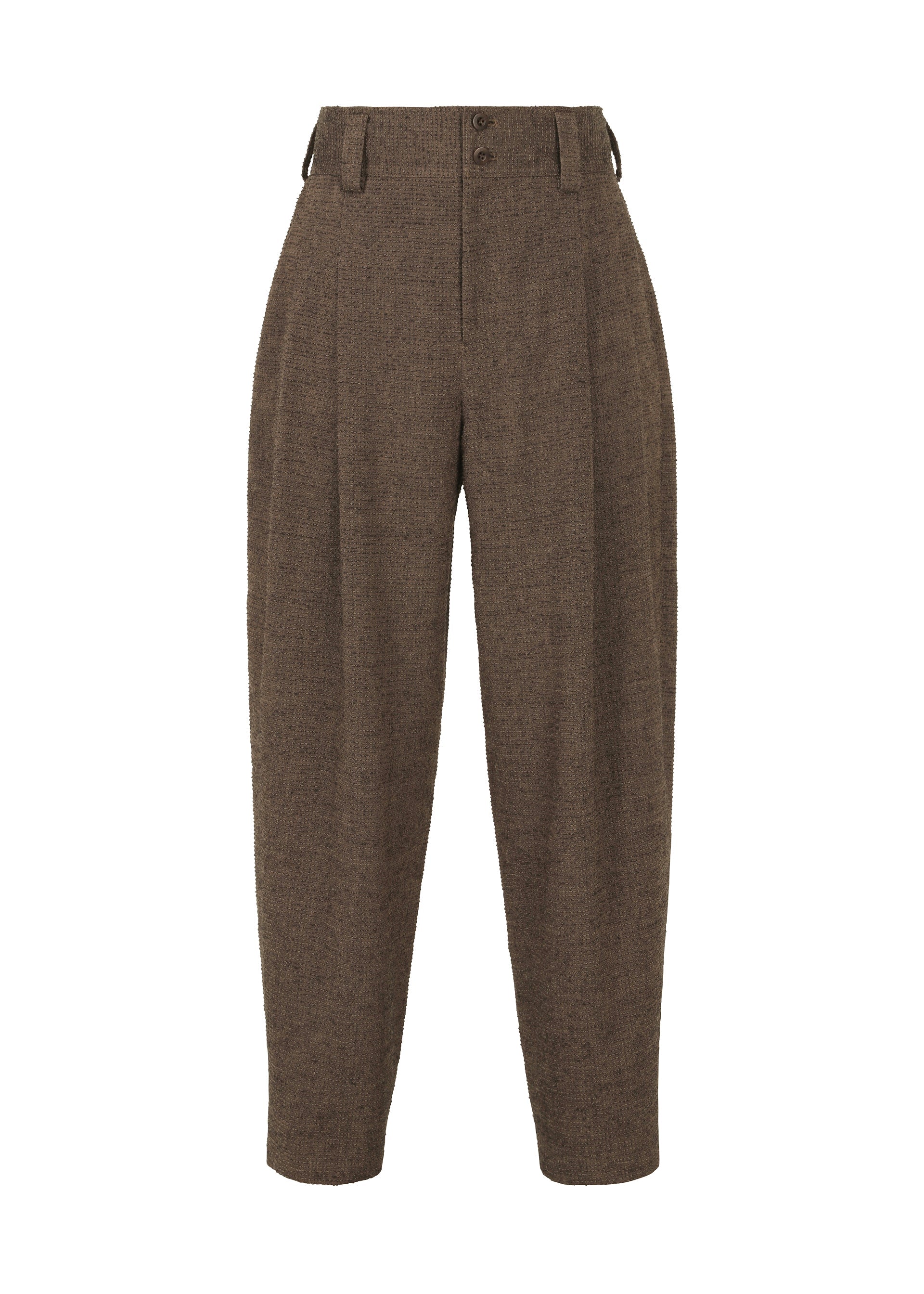 Zoomed view The IM MEN TEXTURES pants are high-waisted, brown, textured, woven with front pleats, belt loops, and tapered legs, displayed against a white background. - DARK BROWN （no.45）