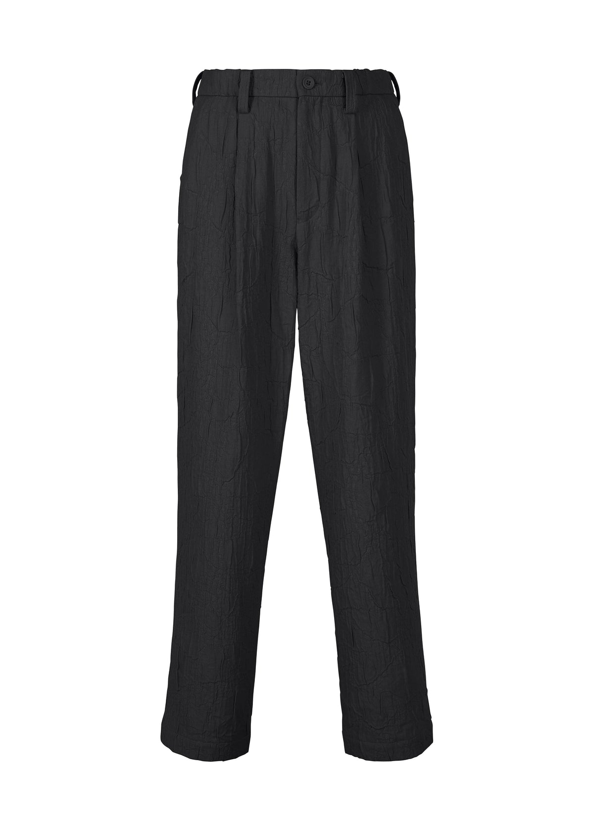 IM MEN’s SHRINK JACQUARD black straight-leg pants feature a distinctive wood-grain texture, belt loops, and a button closure at the waist, shown against a white background. view 1 of 8