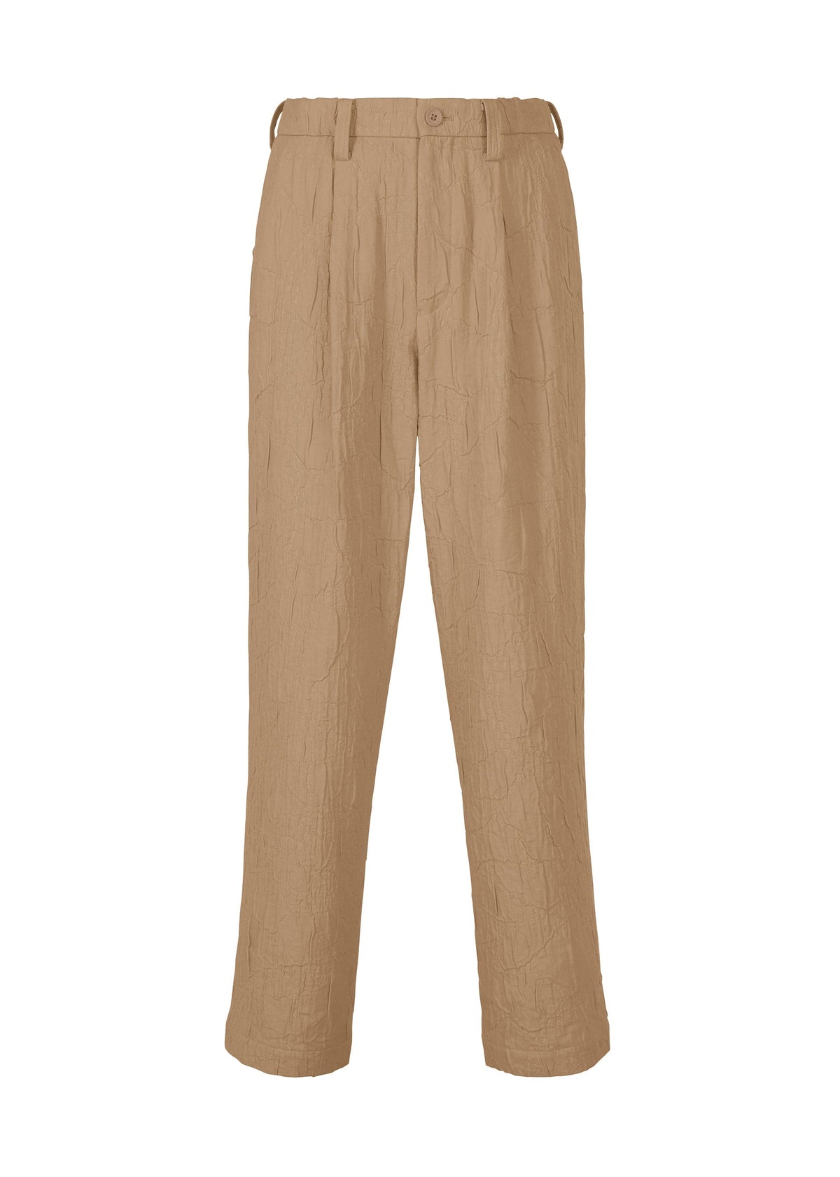 IM MEN's SHRINK JACQUARD: tan high-waisted trousers with a distinctive wood-grain jacquard texture, front pleats, side pockets, belt loops, and button closure, shown against a plain white background. view 2 of 8