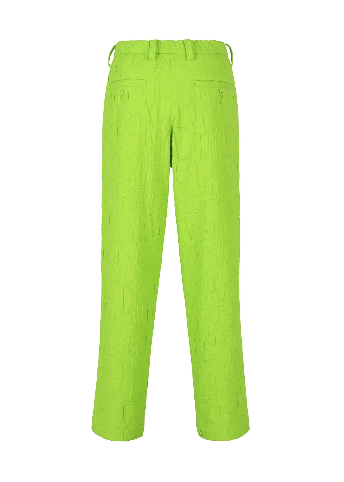 The IM MEN SHRINK JACQUARD features bright lime green, wood-grain textured woven pants with a straight leg cut, elastic waistband, belt loops, and two buttoned back pockets—displayed against a plain white background. view 3 of 8