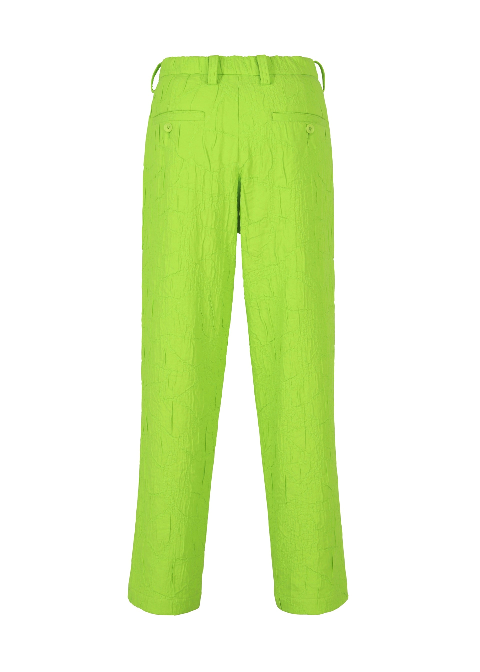 Zoomed view The IM MEN SHRINK JACQUARD features bright lime green, wood-grain textured woven pants with a straight leg cut, elastic waistband, belt loops, and two buttoned back pockets—displayed against a plain white background.