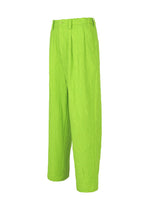 IM MEN’s SHRINK JACQUARD pants are bright green, loose-fitting with a wood-grain jacquard texture, high waist, and straight legs, displayed against a white background.