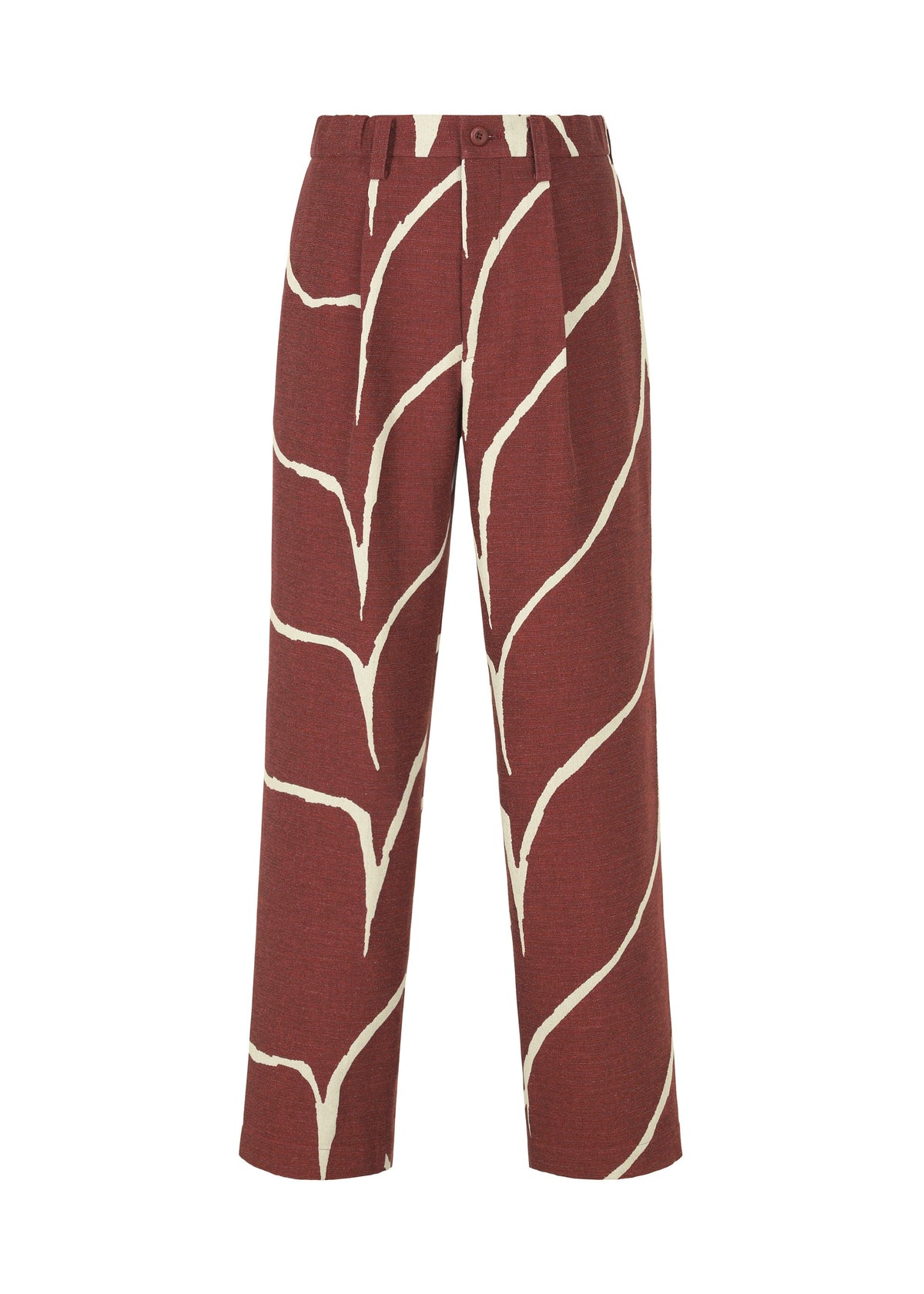 The EARTH pants by IM MEN feature a brick red wide-leg design with bold cream wave patterns, high-waist fit, front pleats, and button closure for a ceramic-inspired, standout look. view 2 of 8