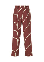 The EARTH pants by IM MEN feature a brick red wide-leg design with bold cream wave patterns, high-waist fit, front pleats, and button closure for a ceramic-inspired, standout look. - RED （no.24）