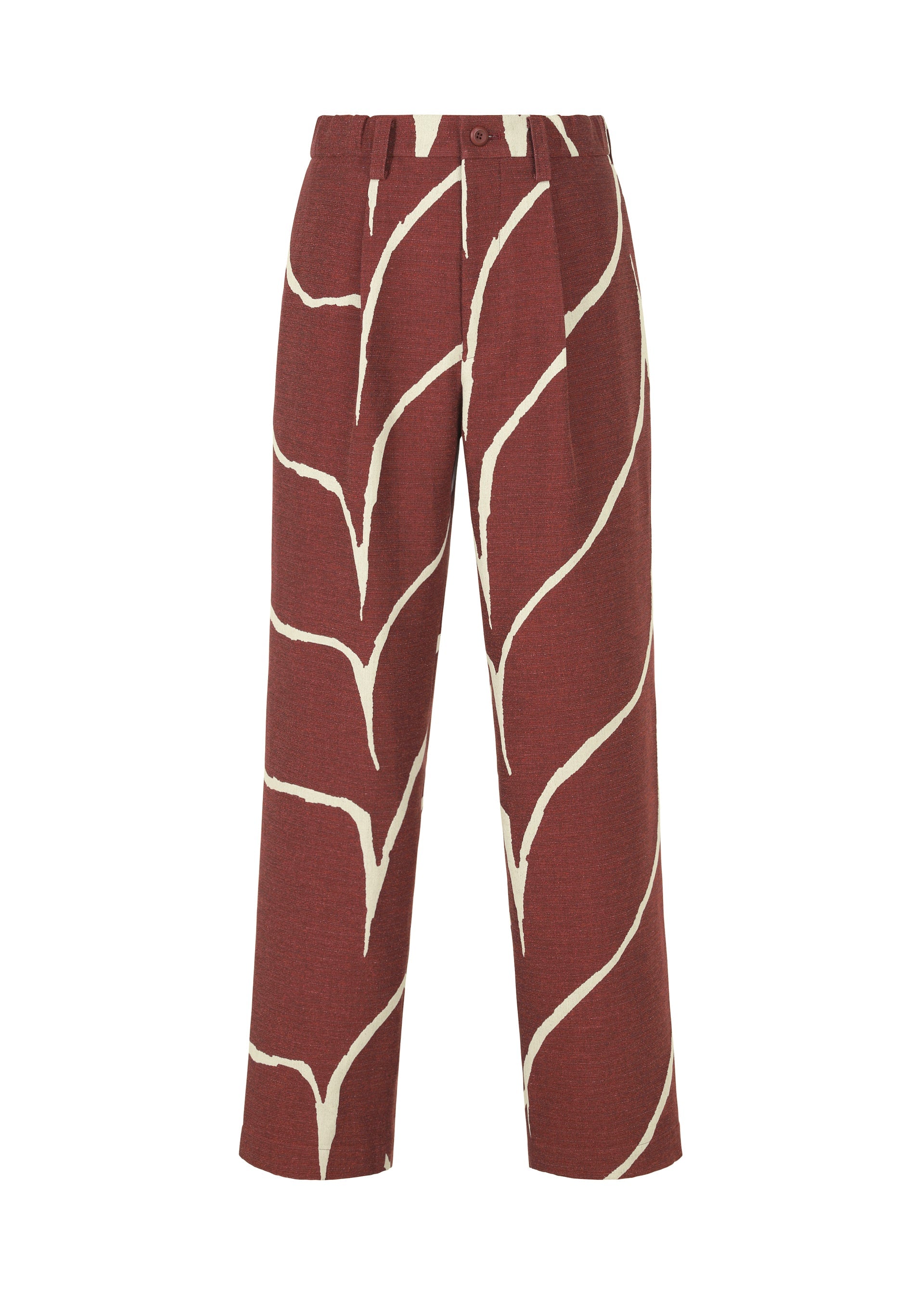 Zoomed view The EARTH pants by IM MEN feature a brick red wide-leg design with bold cream wave patterns, high-waist fit, front pleats, and button closure for a ceramic-inspired, standout look. - RED （no.24）