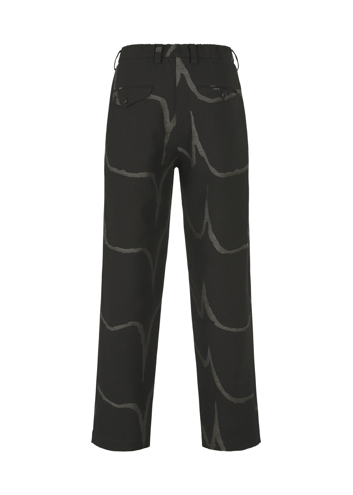 EARTH pants by IM MEN seen from the back, featuring a loose fit, two flap back pockets, and a vertical wavy light gray design on jacquard-textured fabric. view 3 of 8