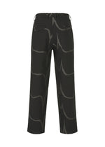 EARTH pants by IM MEN seen from the back, featuring a loose fit, two flap back pockets, and a vertical wavy light gray design on jacquard-textured fabric.