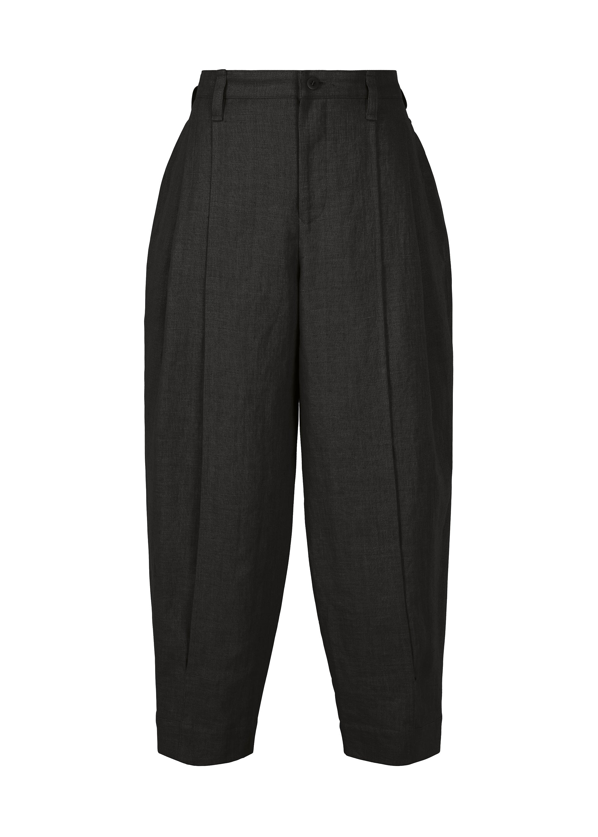 Zoomed view IM MEN's TOUGH LINEN black high-waisted, loose-fit linen pants feature front pleats, belt loops, a button closure, and a natural texture. Durable construction. Shown against a white background. - BLACK （no.15）