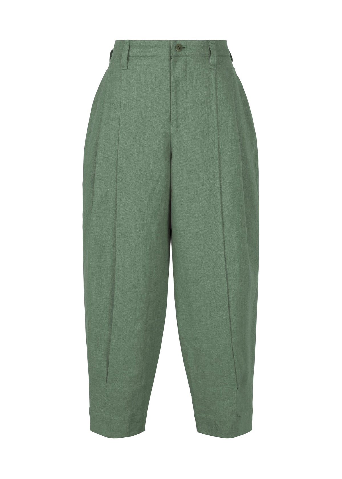 IM MEN's TOUGH LINEN pants are loose-fitting, high-waisted, sage green linen with a natural texture, front pleats, and a button waistband closure. Displayed on a white background. view 3 of 9