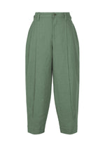 IM MEN's TOUGH LINEN pants are loose-fitting, high-waisted, sage green linen with a natural texture, front pleats, and a button waistband closure. Displayed on a white background. - DARK GREEN （no.63）
