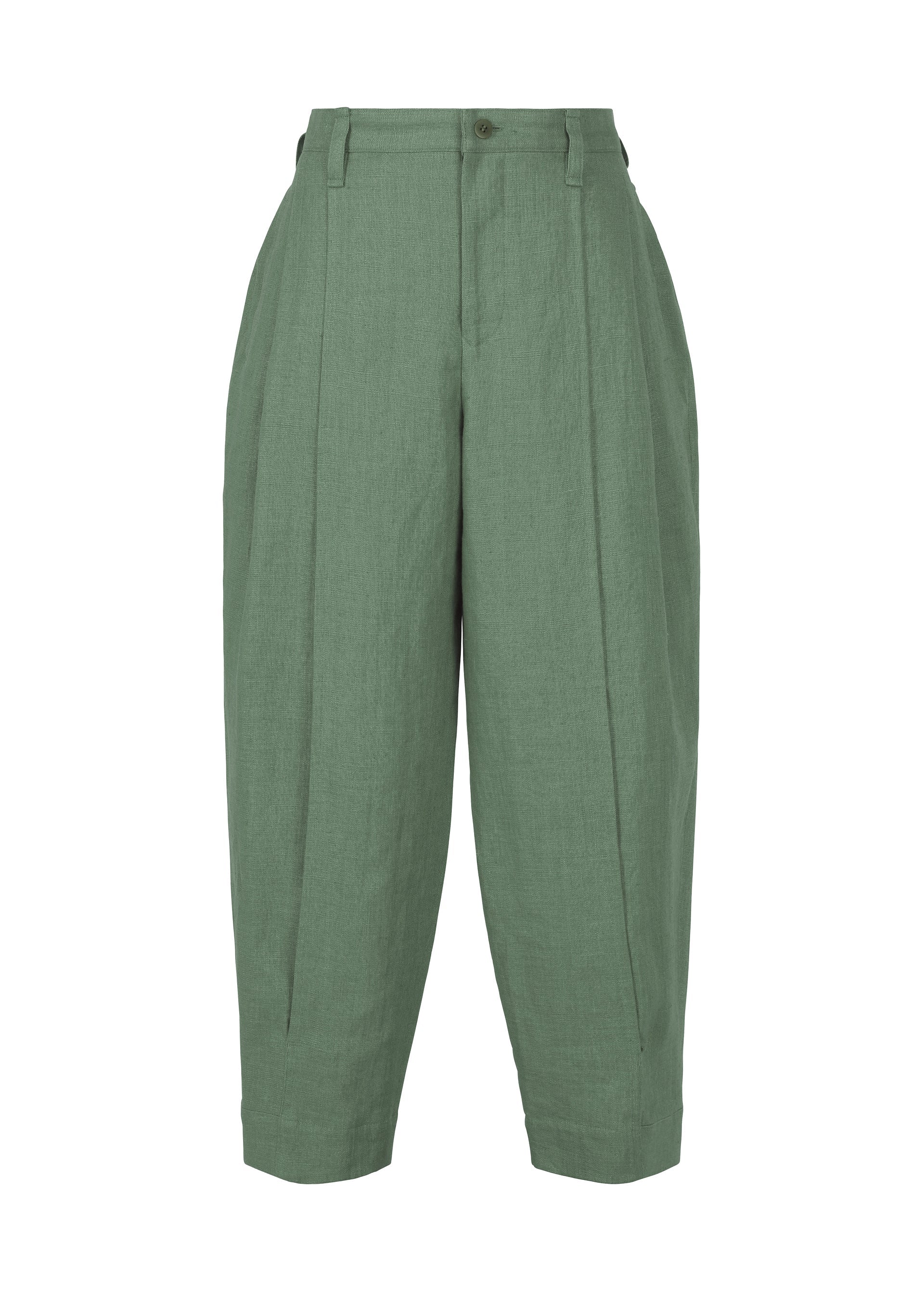 Zoomed view IM MEN's TOUGH LINEN pants are loose-fitting, high-waisted, sage green linen with a natural texture, front pleats, and a button waistband closure. Displayed on a white background. - DARK GREEN （no.63）