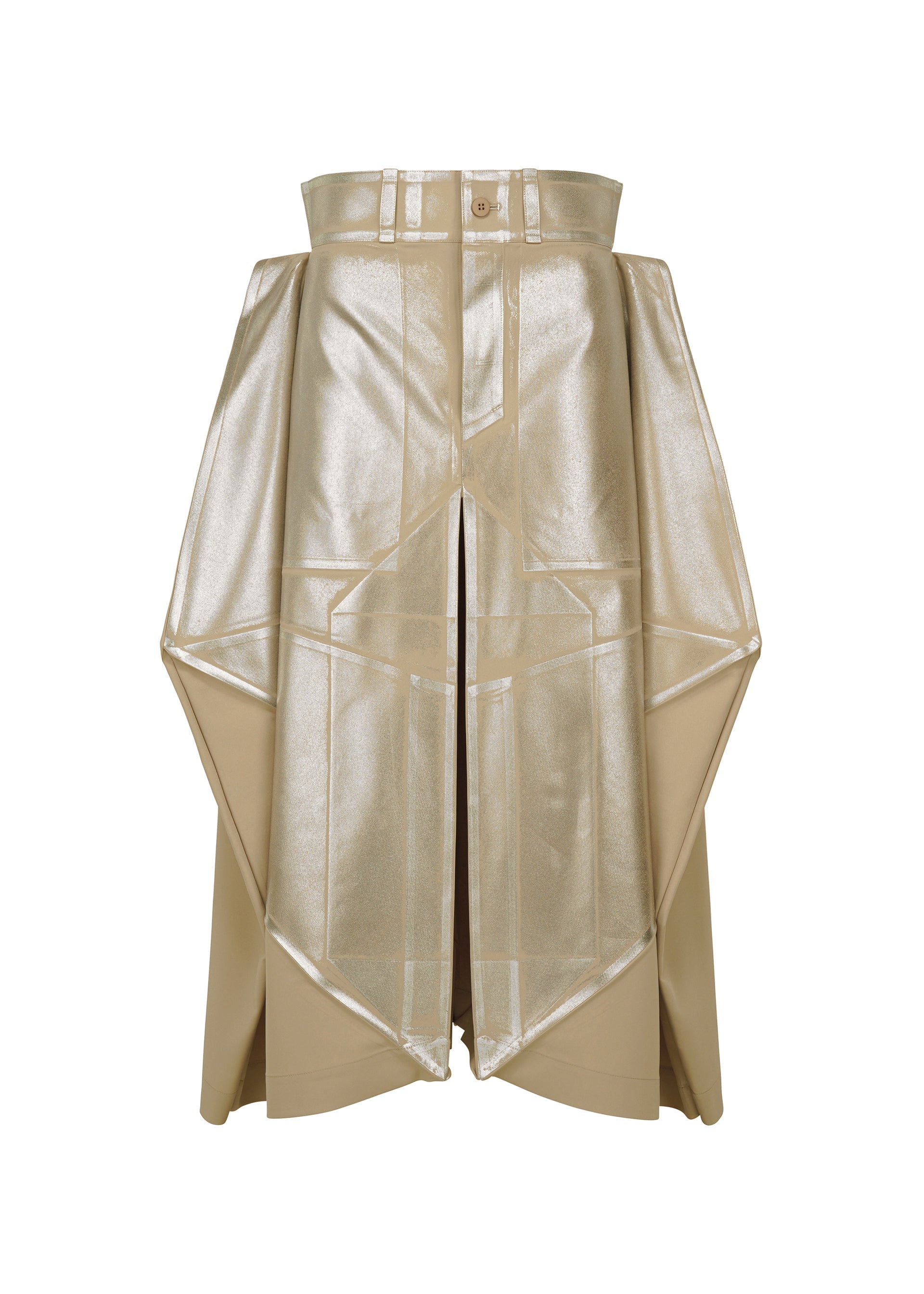 Zoomed view GINTO FLAT by IM MEN: a beige and metallic angular skirt with structured geometric panels, glossy silver foil-like finish, central slit, and belt loops at the waist. - LIGHT BEIGE （no.40）