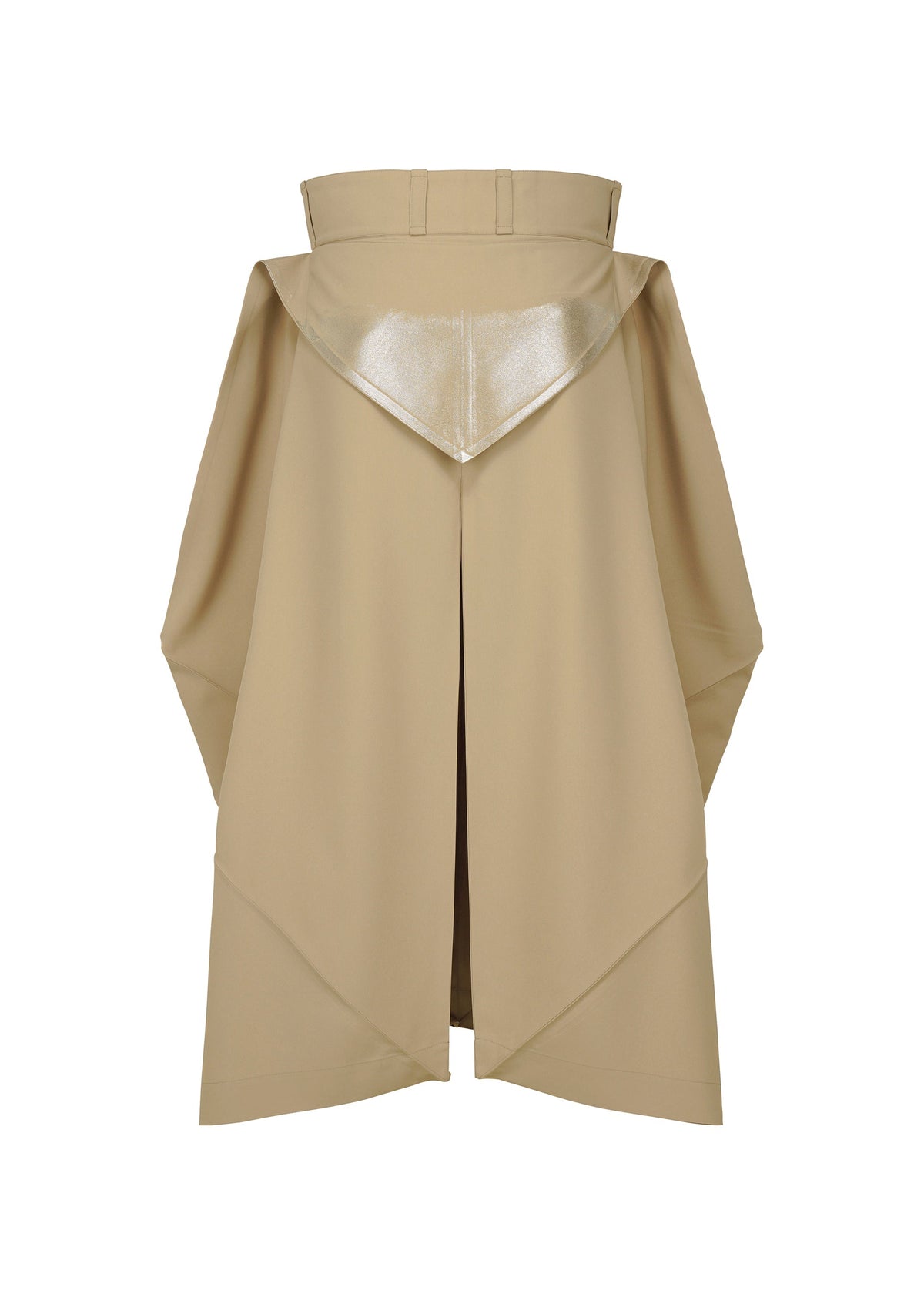 The GINTO FLAT by IM MEN is a tan knee-length trench with wide shoulders, high collar, large lapels, metallic upper back detail, and open back vent. Pair with ceramic-inspired pants to showcase its sculptural design for a modern style. view 3 of 9