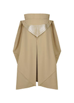 The GINTO FLAT by IM MEN is a tan knee-length trench with wide shoulders, high collar, large lapels, metallic upper back detail, and open back vent. Pair with ceramic-inspired pants to showcase its sculptural design for a modern style.