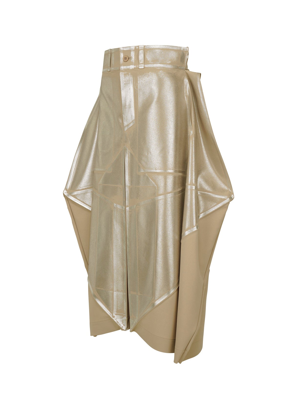 The GINTO FLAT skirt by IM MEN features metallic gold geometric panels and draped, angular layers for an avant-garde silhouette. A button and belt loop detail accent the waist, echoing ceramic-inspired design. view 4 of 9