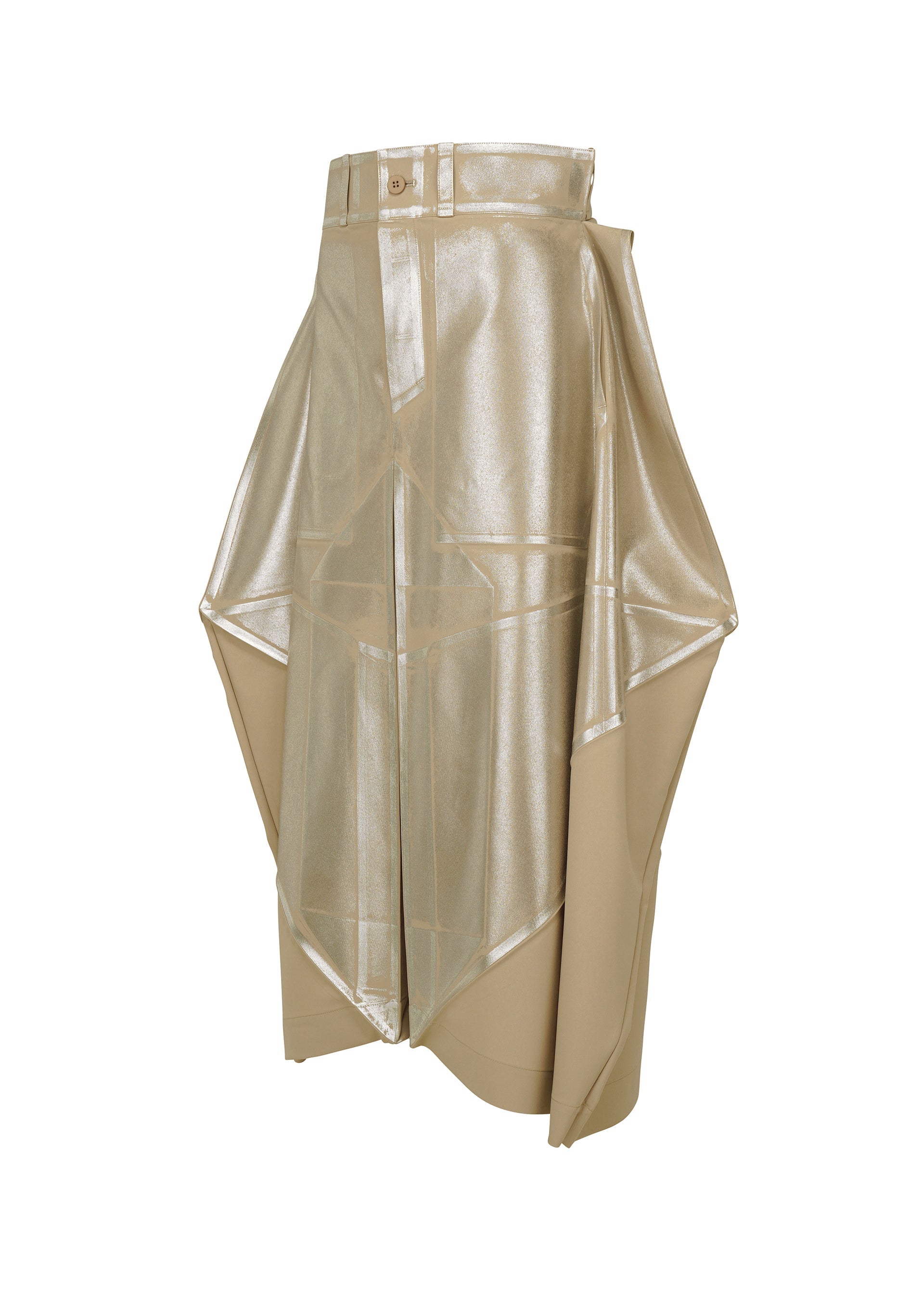 Zoomed view The GINTO FLAT skirt by IM MEN features metallic gold geometric panels and draped, angular layers for an avant-garde silhouette. A button and belt loop detail accent the waist, echoing ceramic-inspired design.