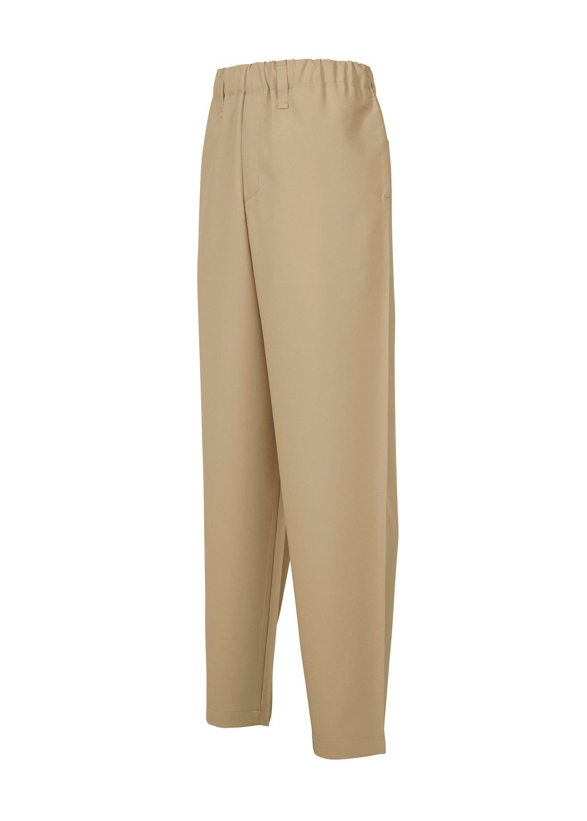 IM MEN's FLAT pants feature a beige, straight-leg design with wrinkle-resistant, easy-to-fold fabric and an elastic waistband. Their minimalist style is ideal for compact storage and everyday wear. Shown on a white background. view 3 of 8