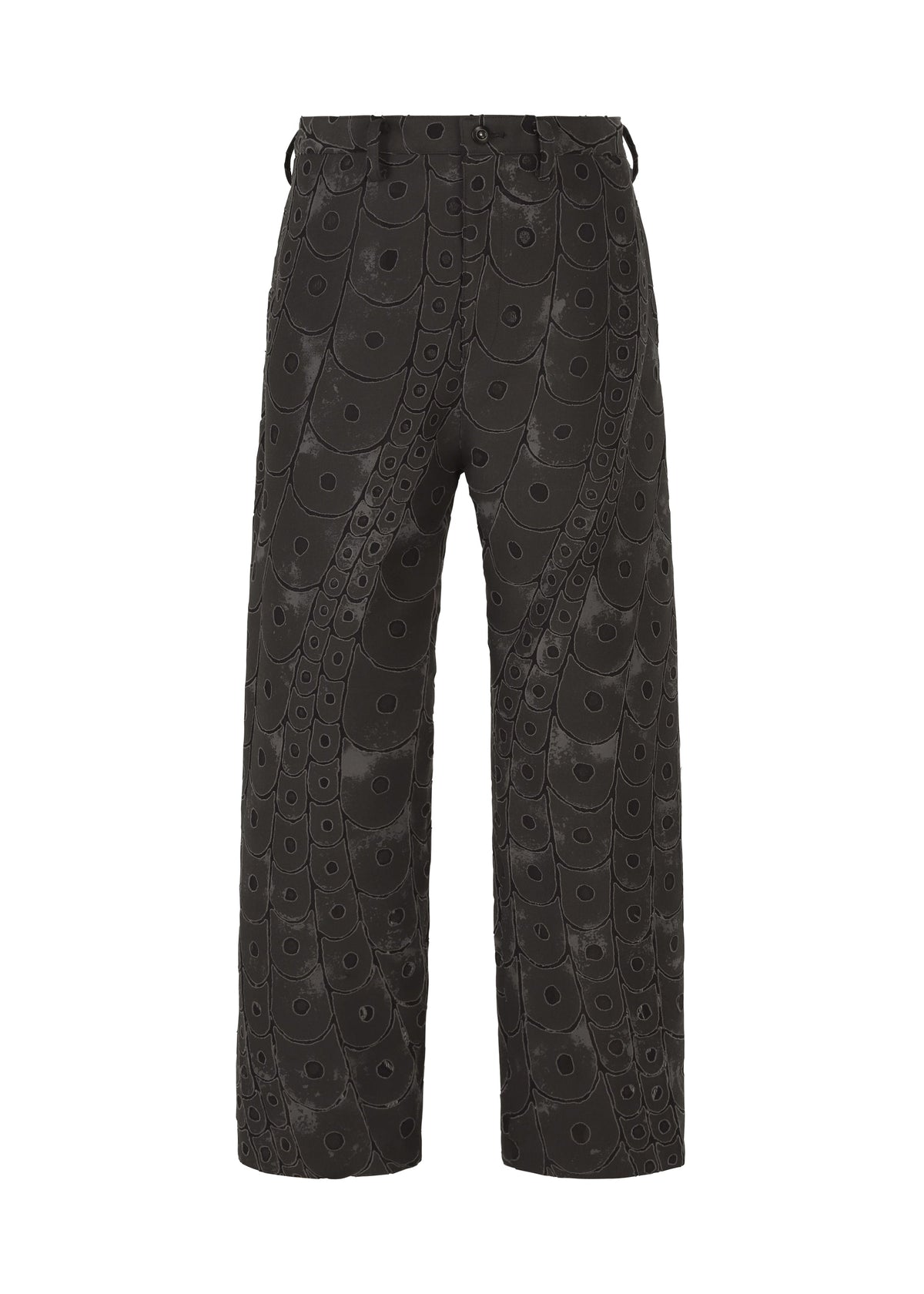 IM MEN's UROKOMON black wide-leg pants feature a subtle swirling circular pattern with a glossy, textured finish inspired by Shoji Kamoda’s scale-like designs; high-waisted, straight cut with no visible pockets or embellishments. view 1 of 7