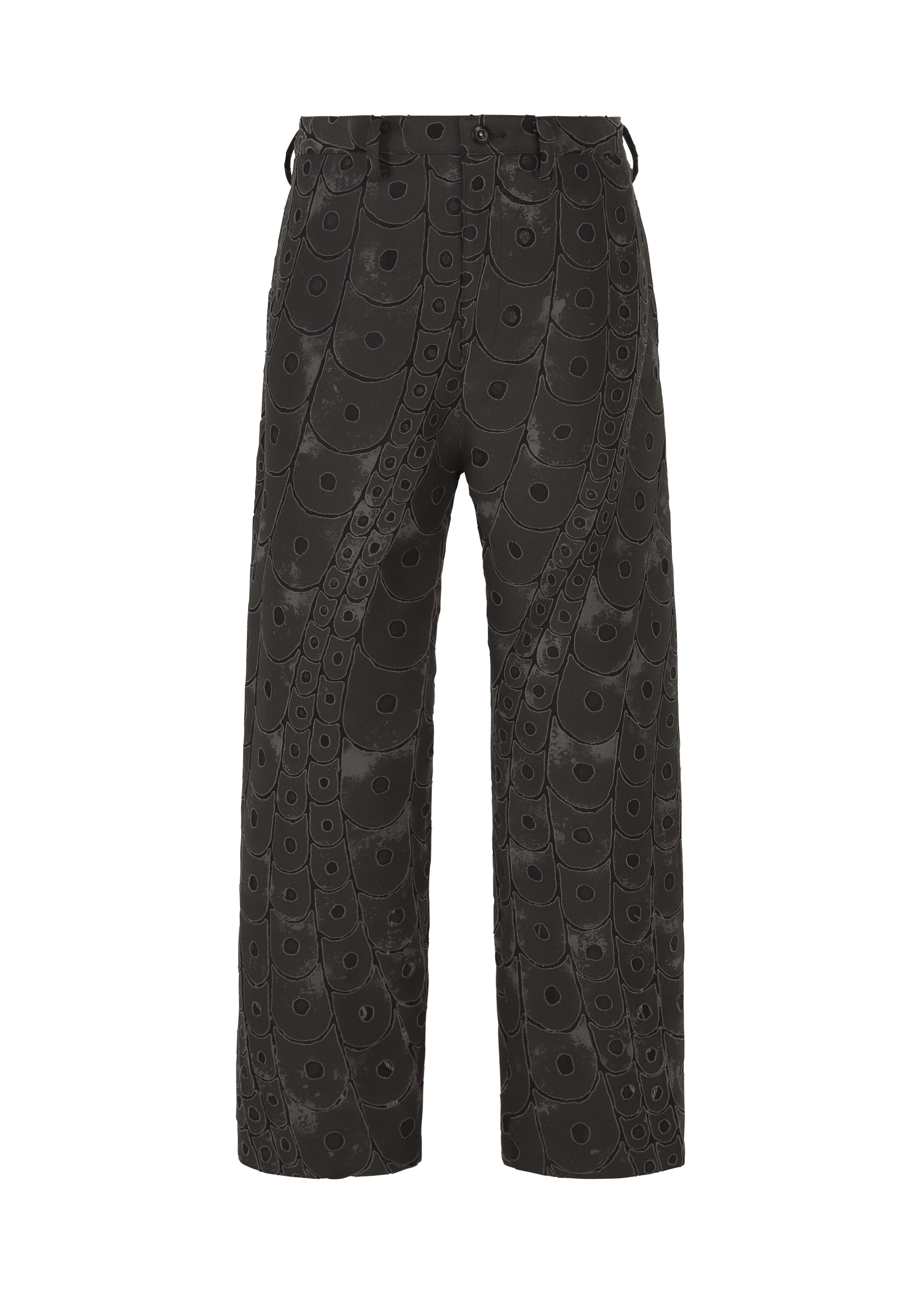 Zoomed view IM MEN's UROKOMON black wide-leg pants feature a subtle swirling circular pattern with a glossy, textured finish inspired by Shoji Kamoda’s scale-like designs; high-waisted, straight cut with no visible pockets or embellishments. - BLACK （no.15）