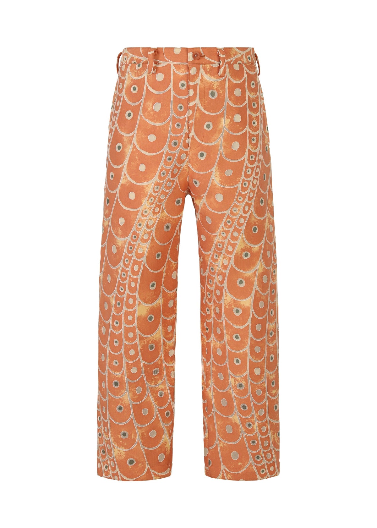 IM MEN’s UROKOMON are high-waisted, wide-leg orange pants featuring a bold octopus-inspired swirl pattern, circular suction-cup details, and cream-and-beige scale-like accents. view 2 of 7