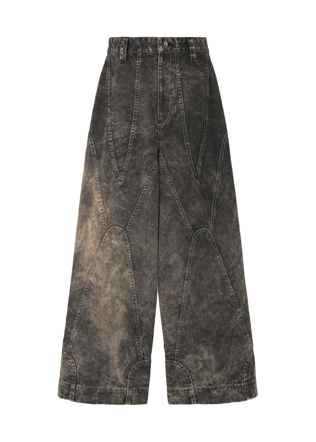 IM MEN’s ELEMENTS jeans feature a wide-leg, high-waisted fit in black acid-wash denim with exposed seams and geometric color-fading patterns on the front. view 1 of 11
