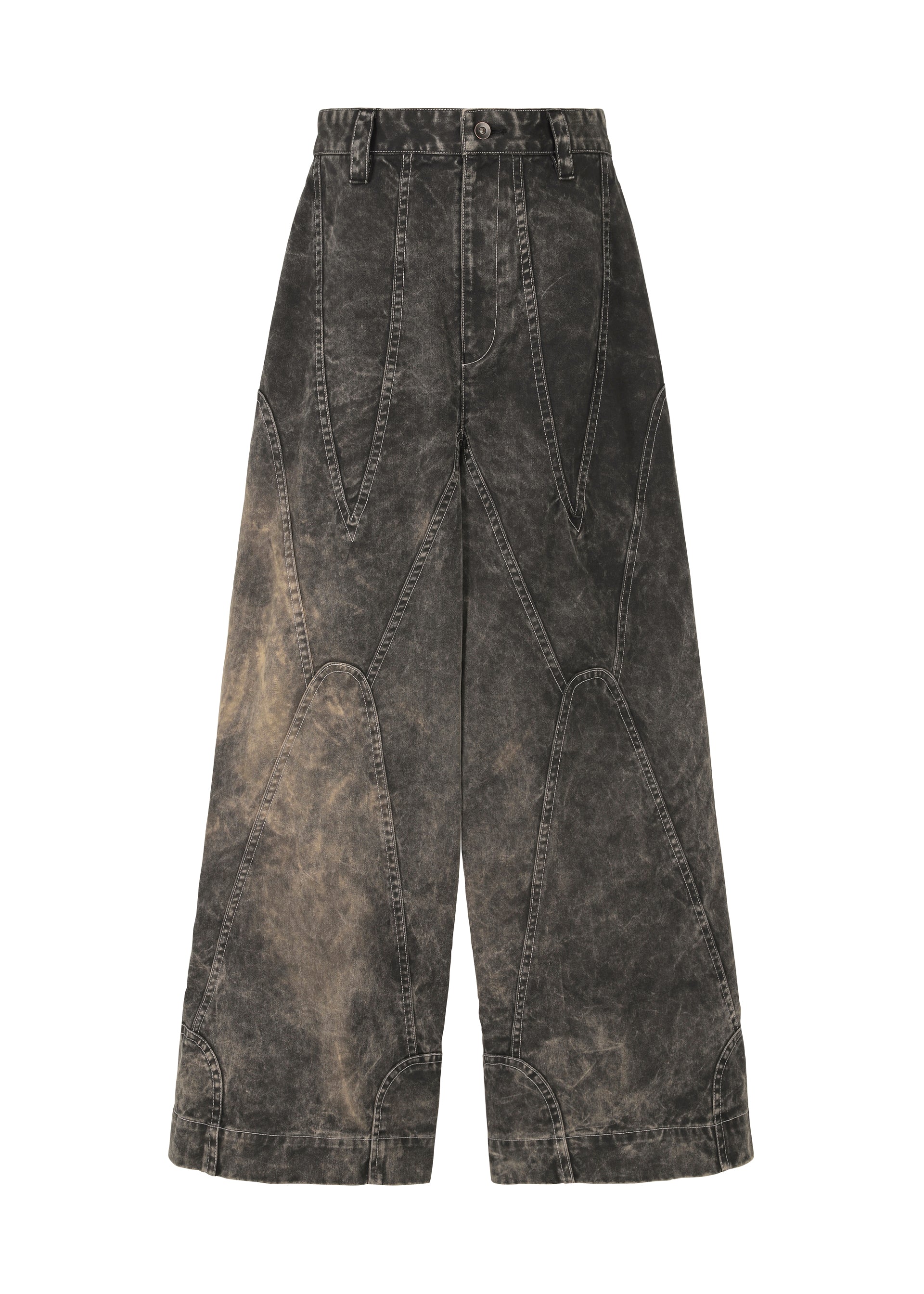 Zoomed view IM MEN’s ELEMENTS jeans feature a wide-leg, high-waisted fit in black acid-wash denim with exposed seams and geometric color-fading patterns on the front. - BLACK （no.15）