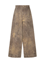The IM MEN ELEMENTS pants feature wide legs, a high waist, thick cotton with a faded effect, and decorative seams. Large panels add a geometric flair, while belt loops and a front button closure complete the standout look. - DARK BEIGE （no.43）