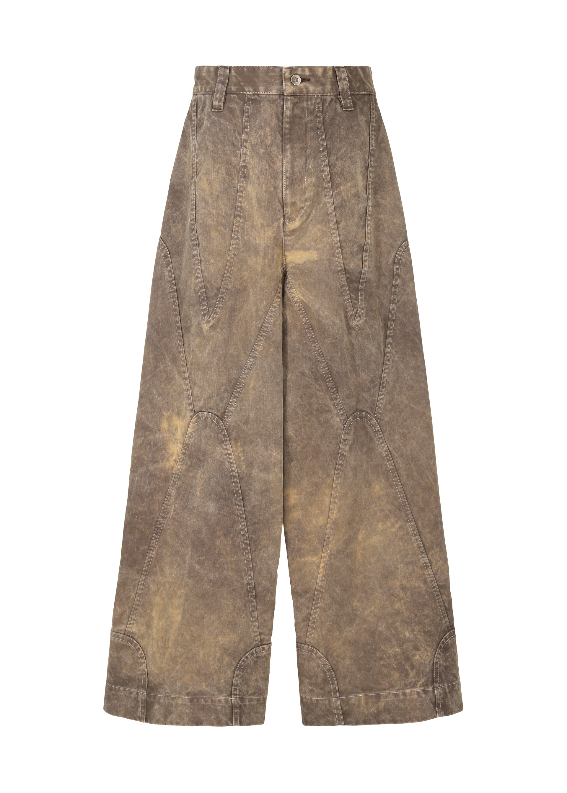 Zoomed view The IM MEN ELEMENTS pants feature wide legs, a high waist, thick cotton with a faded effect, and decorative seams. Large panels add a geometric flair, while belt loops and a front button closure complete the standout look. - DARK BEIGE （no.43）