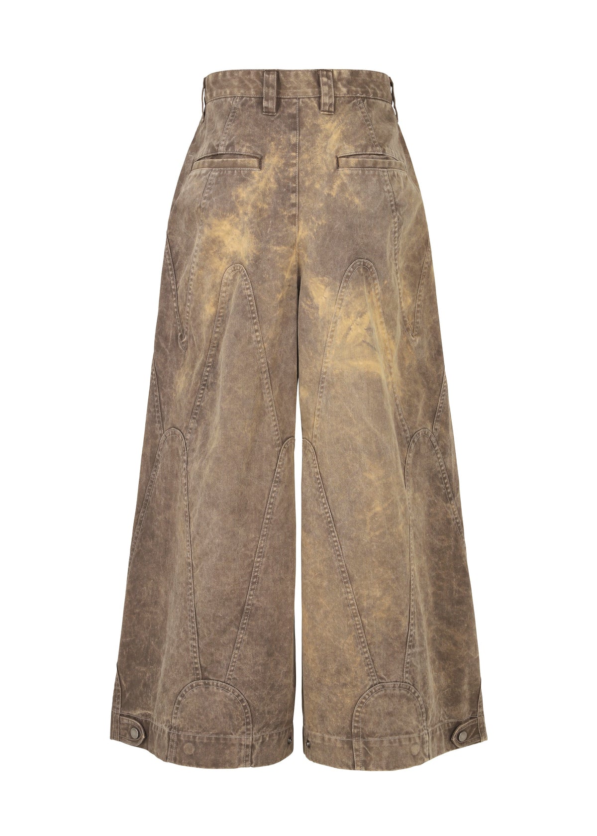 The ELEMENTS wide-leg, high-waisted brown denim culottes by IM MEN are made from thick cotton with a faded effect. They feature decorative stitching, side and back welt pockets, belt loops, and buttoned hems. view 3 of 11