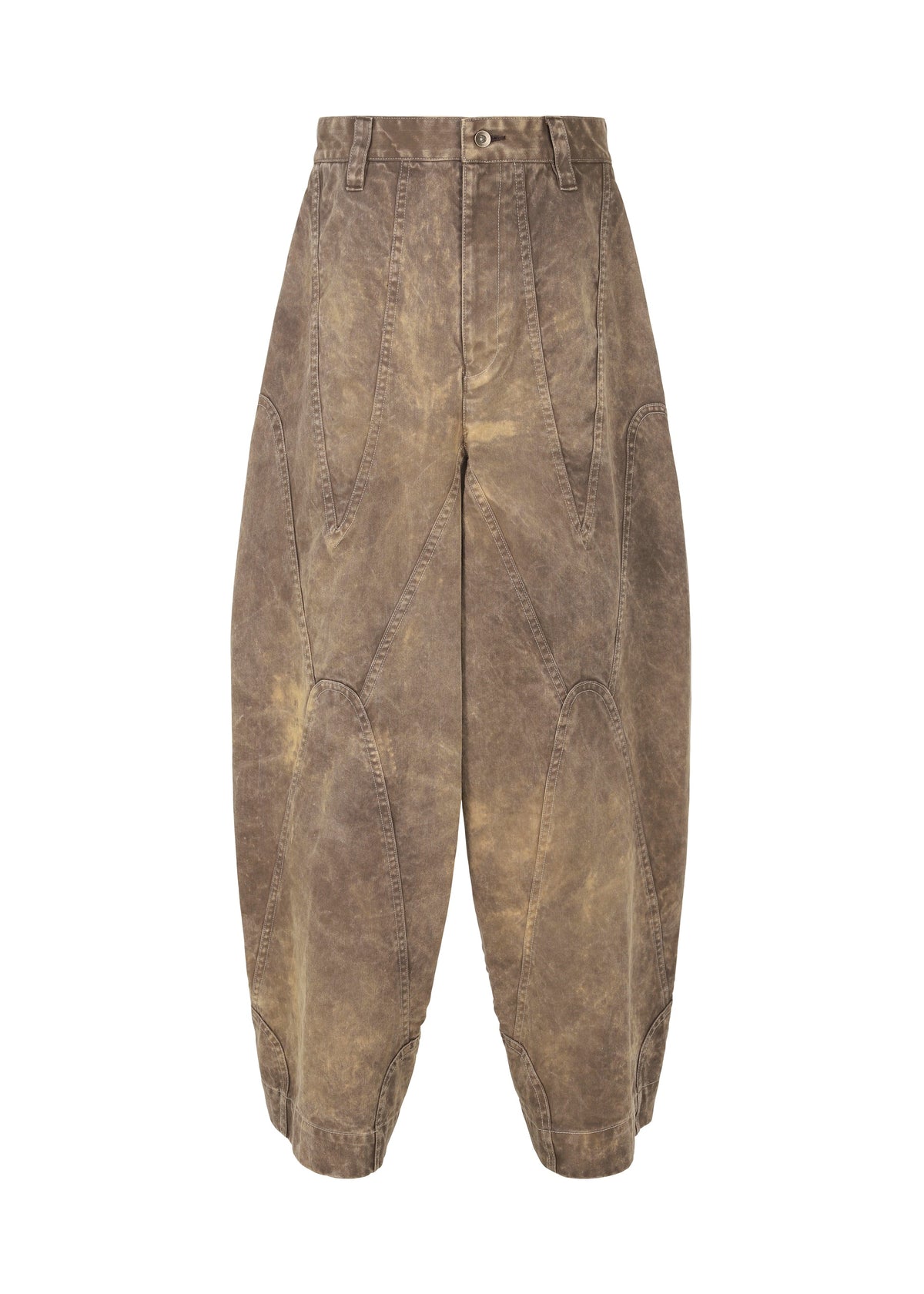 The ELEMENTS wide pants by IM MEN are brown, distressed, and made from thick cotton with curved seams and a button waistband, shown on a white background. view 5 of 11