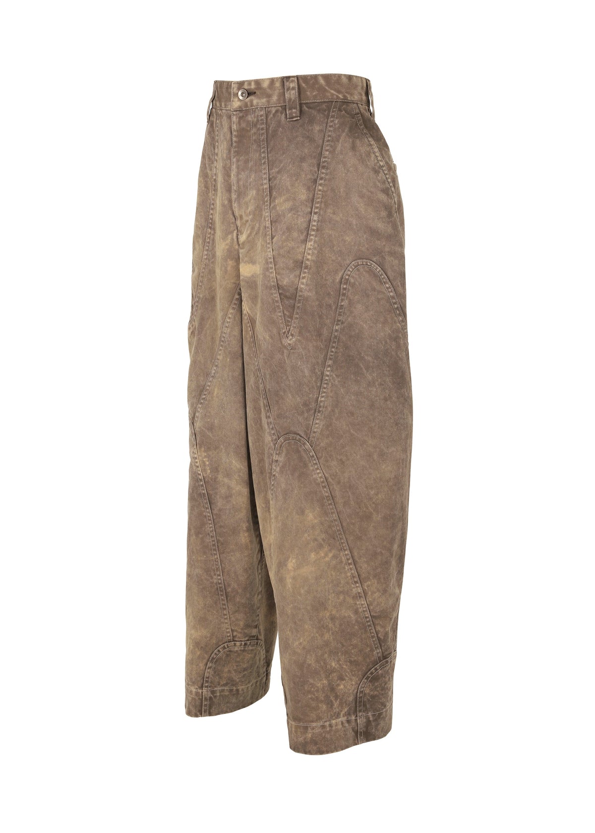 ELEMENTS by IM MEN: Brown, knee-length, wide loose-fit pants in thick cotton with color-fade effect and standout stitched seams, shown on a plain white background. view 7 of 11