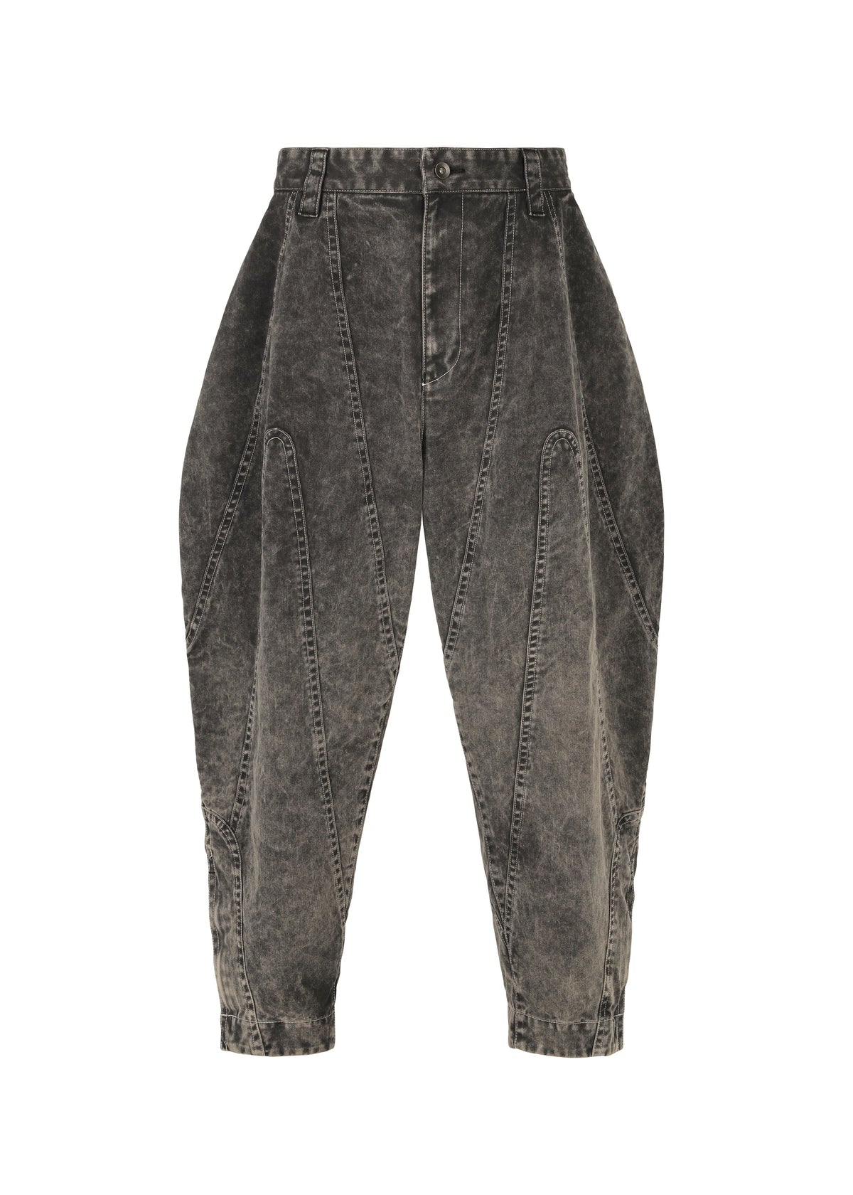 The ELEMENTS jeans by IM MEN are high-waisted, acid-wash denim with a thick cotton build, loose balloon silhouette, bold seam details, and cropped ankles that taper with a standout color-fading effect. view 1 of 8