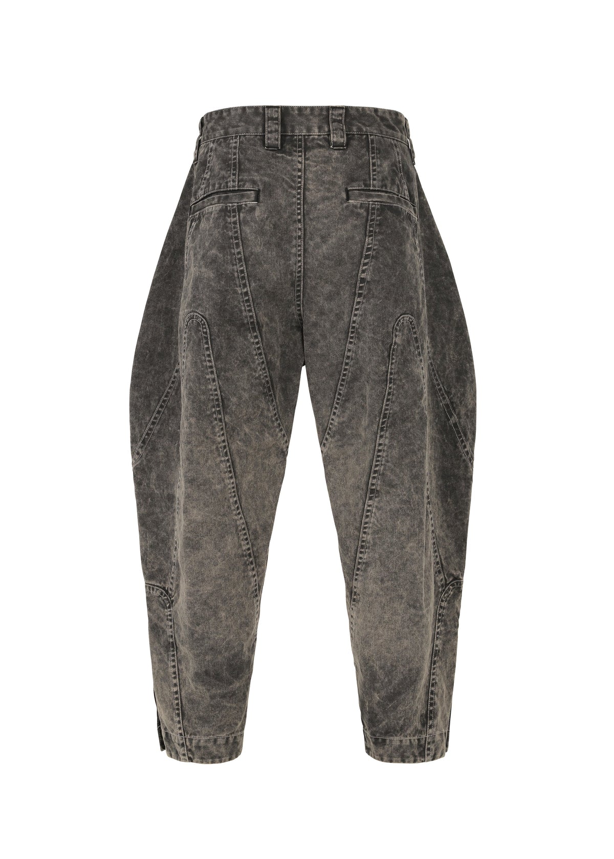 IM MEN’s ELEMENTS jeans feature a high-waisted, faded black denim with wide, curved legs. Distinct seam details and thick cotton fabric give these jeans a sculptural, avant-garde silhouette and unique color-fading effect. view 3 of 8