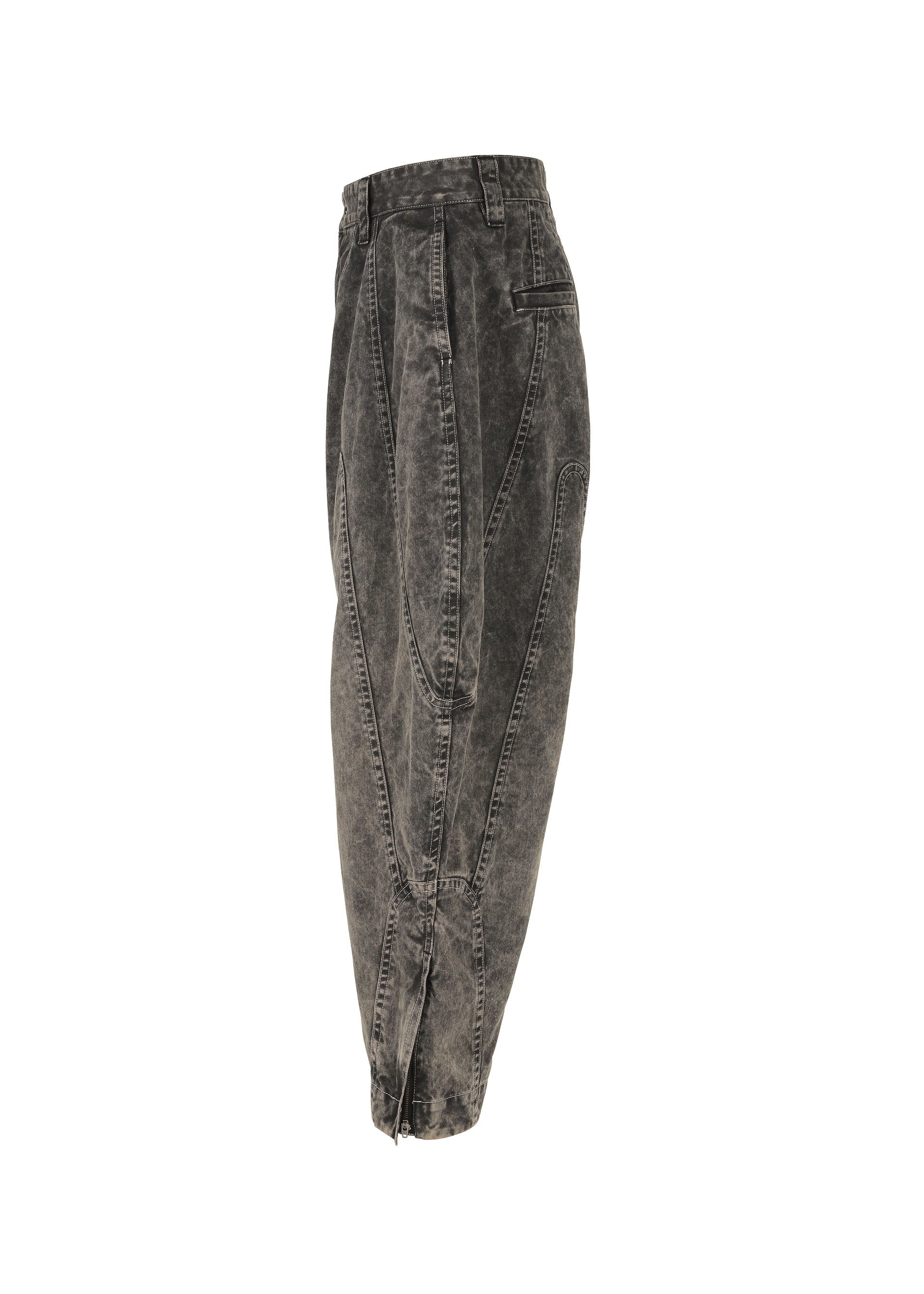 Zoomed view The ELEMENTS pants by IM MEN are high-waisted, loose-fit, acid-wash gray denim made from thick cotton with unique seams, a tapered ankle, and distinctive color-fading, shown isolated on a white background.