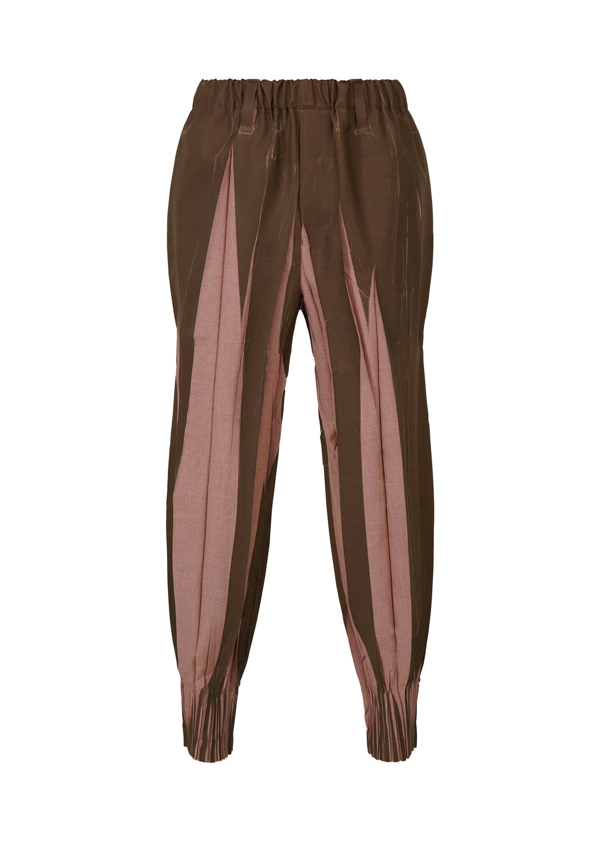 IM MEN’s EDGE jogger-style pants feature lightweight, slightly shiny brown polyester with pleats, elastic waistband and cuffs, and bold jagged pink panels running vertically along the legs for a statement look. view 2 of 9