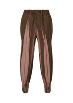 IM MEN’s EDGE jogger-style pants feature lightweight, slightly shiny brown polyester with pleats, elastic waistband and cuffs, and bold jagged pink panels running vertically along the legs for a statement look. - DARK BROWN （no.45）