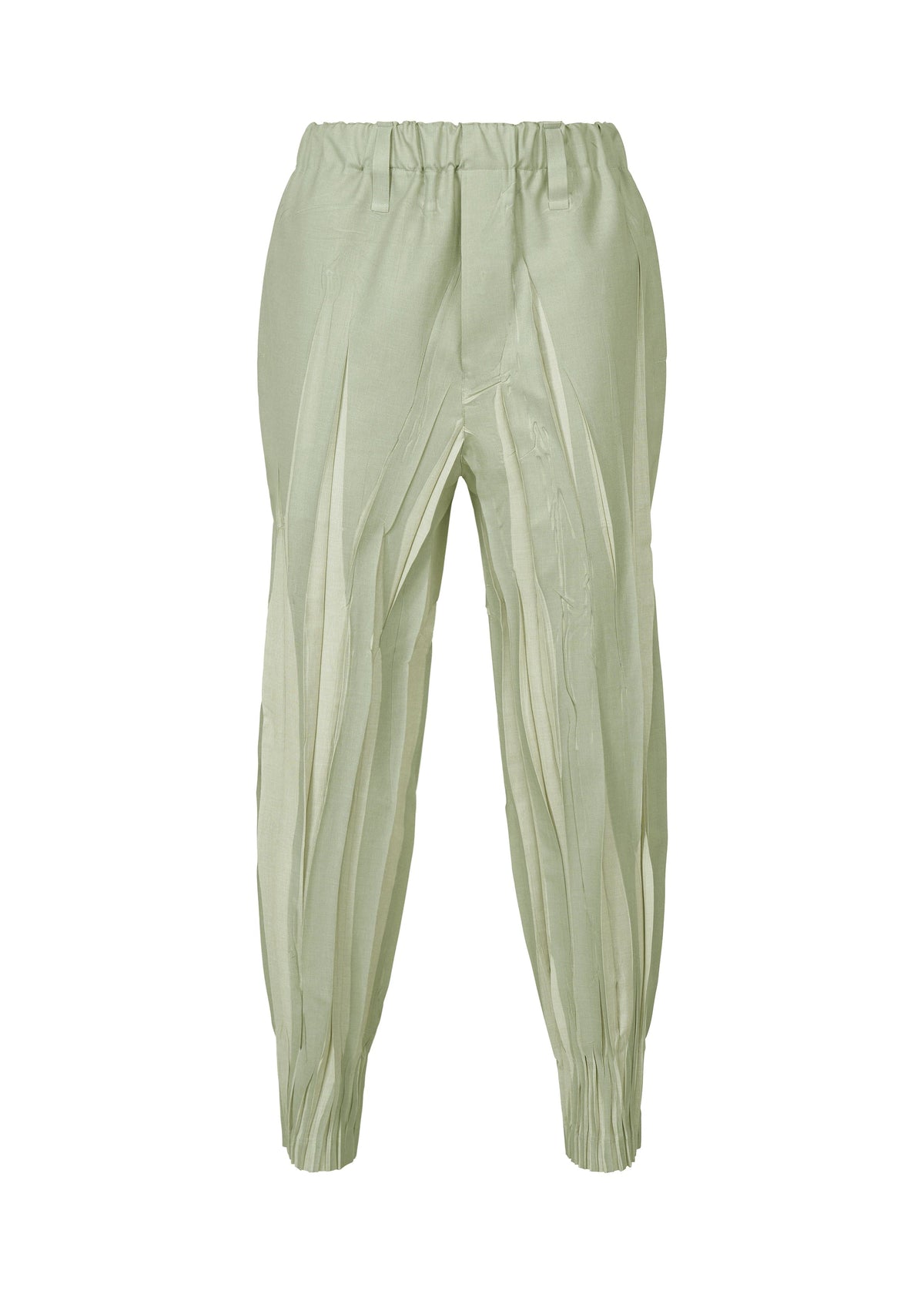 The EDGE pants by IM MEN are light green, high-waisted, and inspired by ceramics. Featuring elastic waistband and ankle cuffs, their fabric has subtle vertical textures for a modern, unique look. view 3 of 9