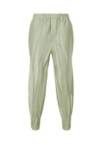 The EDGE pants by IM MEN are light green, high-waisted, and inspired by ceramics. Featuring elastic waistband and ankle cuffs, their fabric has subtle vertical textures for a modern, unique look.