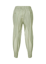 EDGE pleated pants by IM MEN in light green polyester, featuring an elastic waistband and cuffs, Shoji Kamoda-inspired vertical textured lines, and two buttoned back pockets. Shown on a white background.