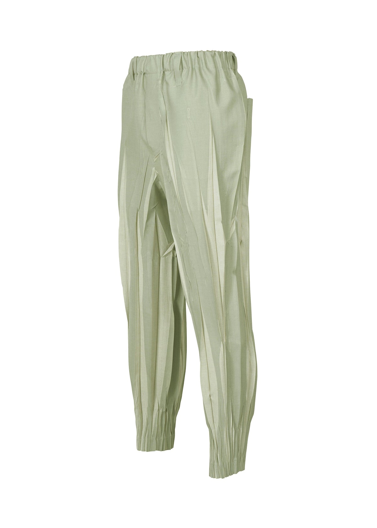 The EDGE pants by IM MEN are light green polyester pleated trousers with an elastic waistband and cuffs, featuring an angular design inspired by Shoji Kamoda ceramics, shown against a plain white background. view 5 of 9