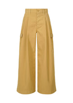 The RESILIENCE yellow wide-leg cargo pants by IM MEN feature a high waist, belt loops, side flap pockets, and a front button-zipper closure. Made from lightweight, wrinkle-resistant polyester, these cropped pants are ideal for everyday wear. - MUSTARD (no.55)