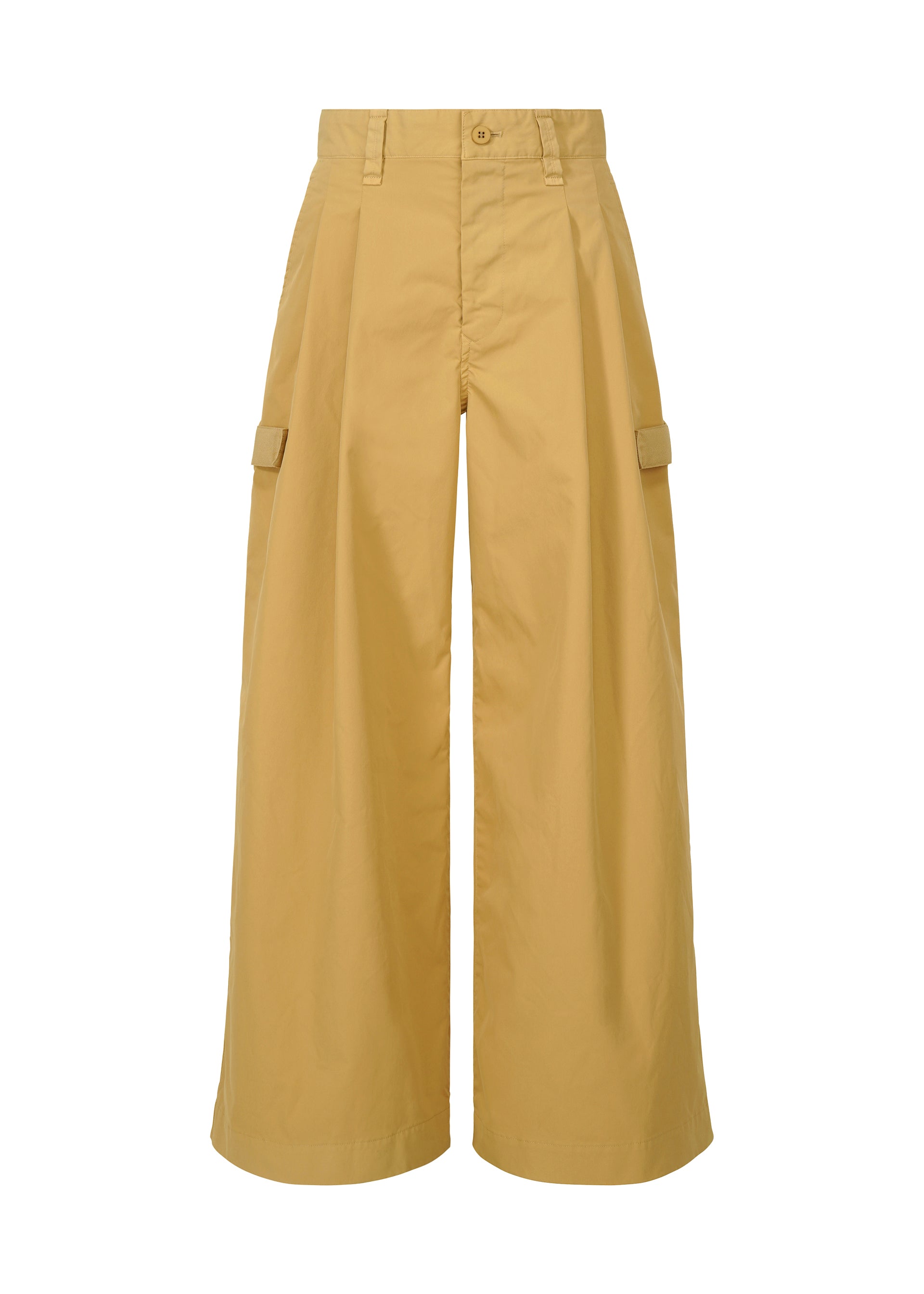 Zoomed view The RESILIENCE yellow wide-leg cargo pants by IM MEN feature a high waist, belt loops, side flap pockets, and a front button-zipper closure. Made from lightweight, wrinkle-resistant polyester, these cropped pants are ideal for everyday wear. - MUSTARD (no.55)