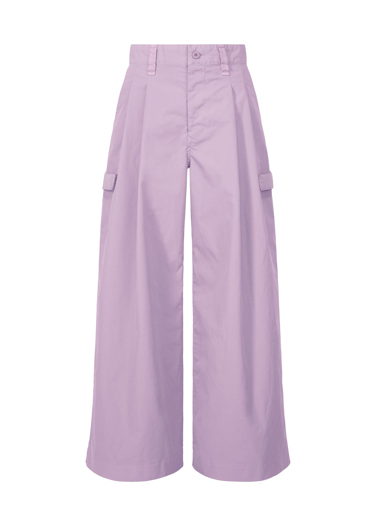The RESILIENCE wide-leg, high-waisted lavender cargo pants by IM MEN are crafted from lightweight, wrinkle-resistant polyester with belt loops, side pockets, and thigh flap pockets—ideal for daily wear and shown on a white background. view 2 of 9
