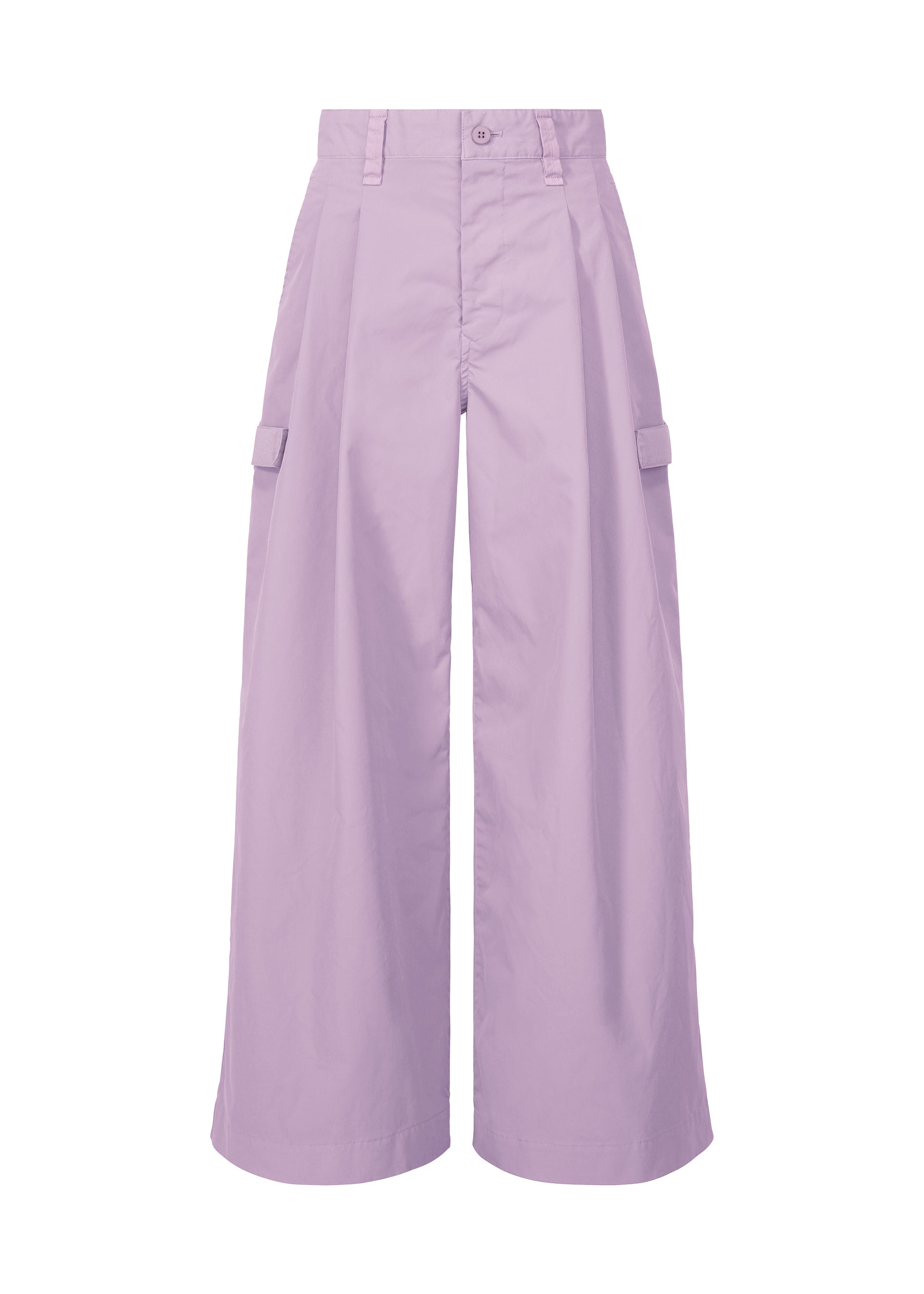 Zoomed view The RESILIENCE wide-leg, high-waisted lavender cargo pants by IM MEN are crafted from lightweight, wrinkle-resistant polyester with belt loops, side pockets, and thigh flap pockets—ideal for daily wear and shown on a white background. - LAVENDER (no.83)