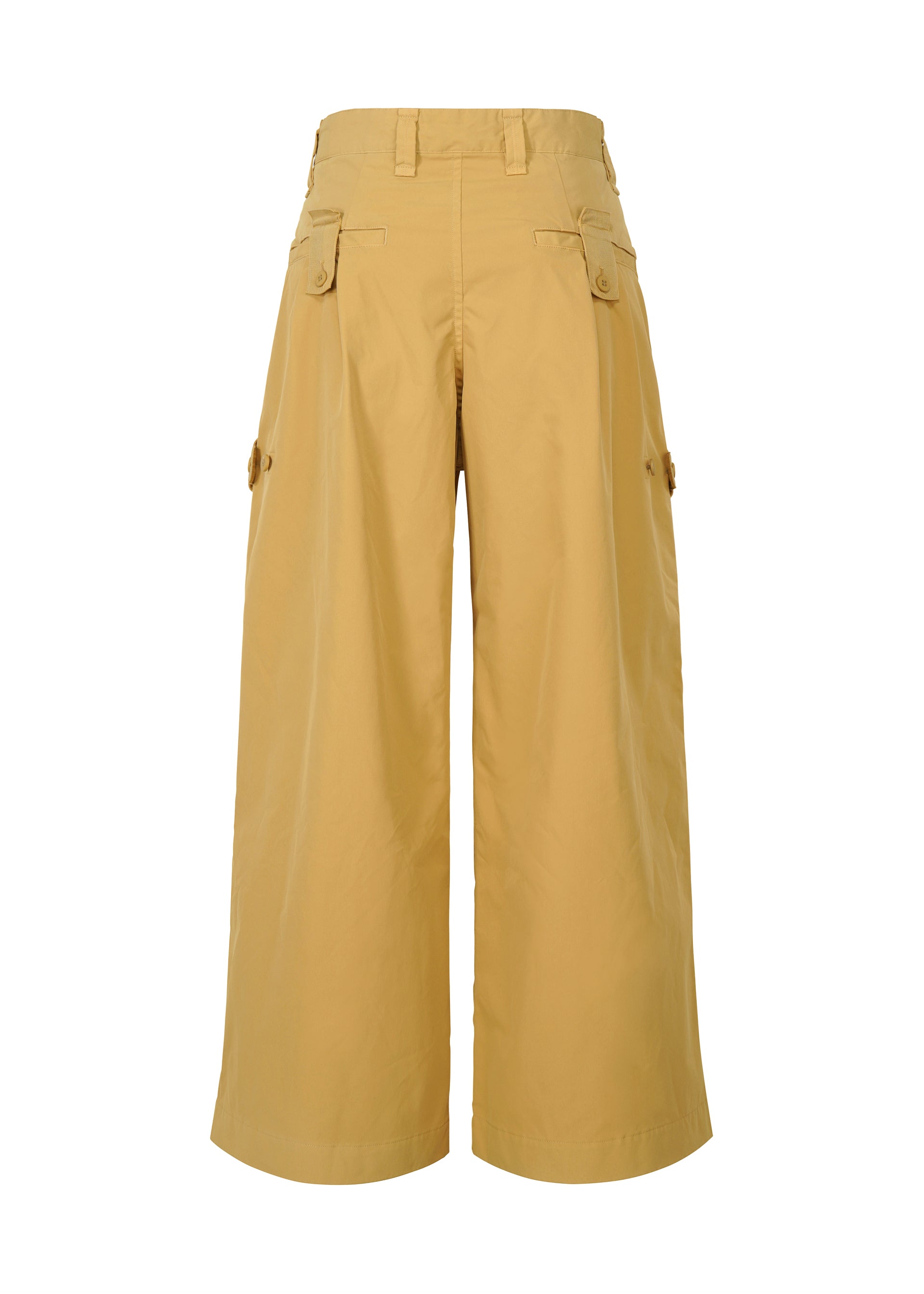 Zoomed view The RESILIENCE pants by IM MEN feature a wide-leg, high-waisted design in khaki polyester with large side cargo pockets and buttoned back pockets—ideal for everyday wear, shown against a white background.