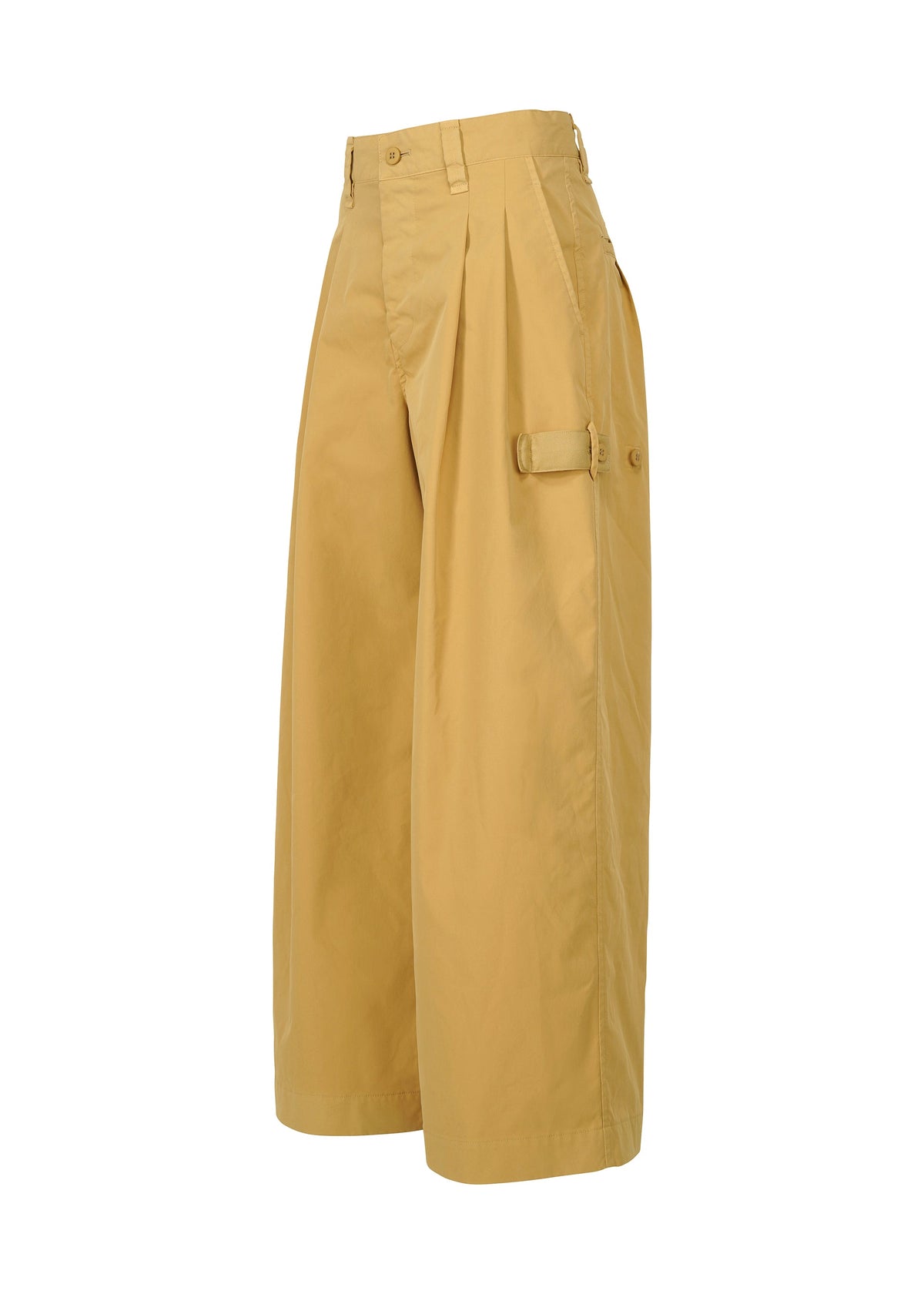 IM MEN's RESILIENCE pants are wide-legged, high-waisted yellow polyester with pleats, side pockets, and a strap detail. Lightweight and wrinkle-resistant for everyday wear. Shown on a white background. view 5 of 9