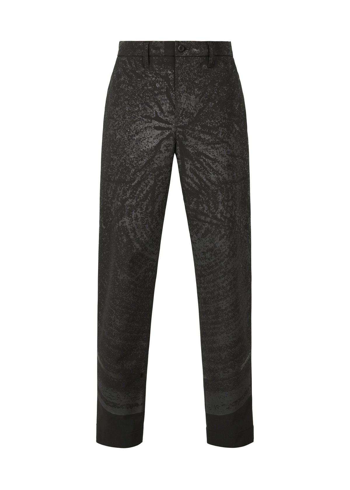The IM MEN KAIYU pants are straight-leg, black ash glaze with a subtle shiny texture and sheen. They feature belt loops, a button closure, and visible seam detailing at the cuffs. view 1 of 8